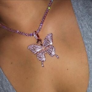 Pink tennis  Butterfly Pendant Necklace 18inch